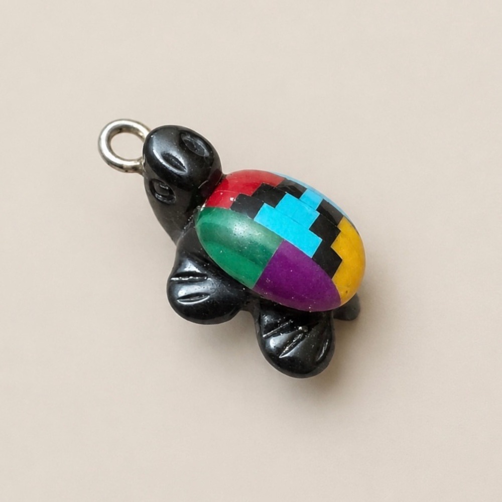 Zuni FH Signed Jet Turtle Charm Inlay Multi Stone Fetish Pendant Southwestern‎